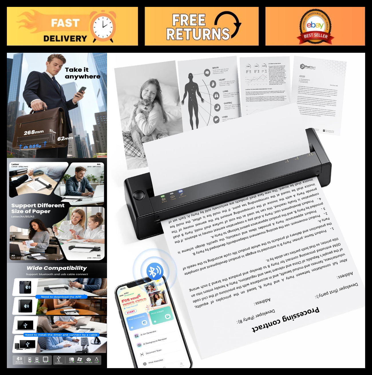 Portable Inkless Wireless Printer for Travel – Bluetooth Thermal Printer for iPh