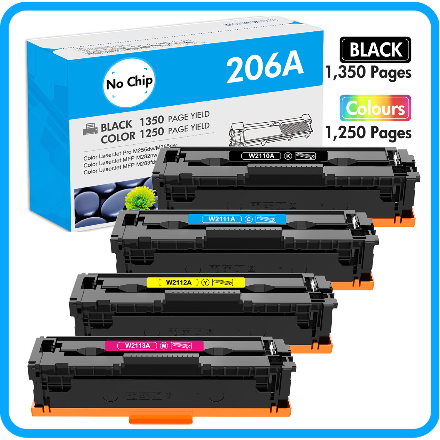 W2110A For HP 206A Toner Color LaserJet MFP M283fdw M283cdw M255dw M282nw NoChip