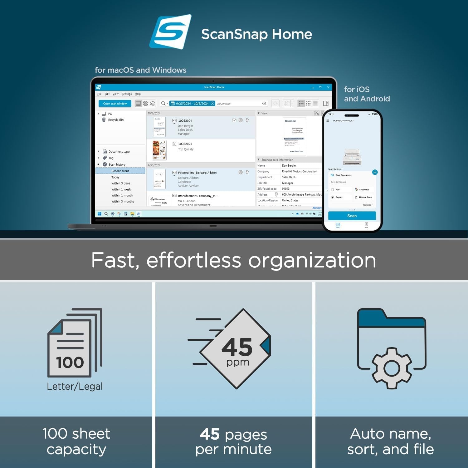 iX2500 Wireless or USB High-Speed Cloud Enabled Document, Photo & Receipt Scanne