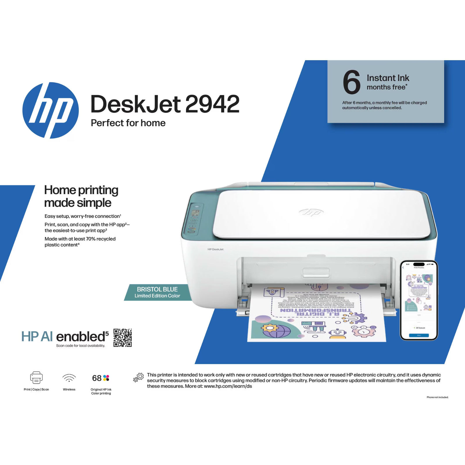 HP DeskJet 2942 Wireless All-in-One Color Inkjet Printer Blue FREE SHIP