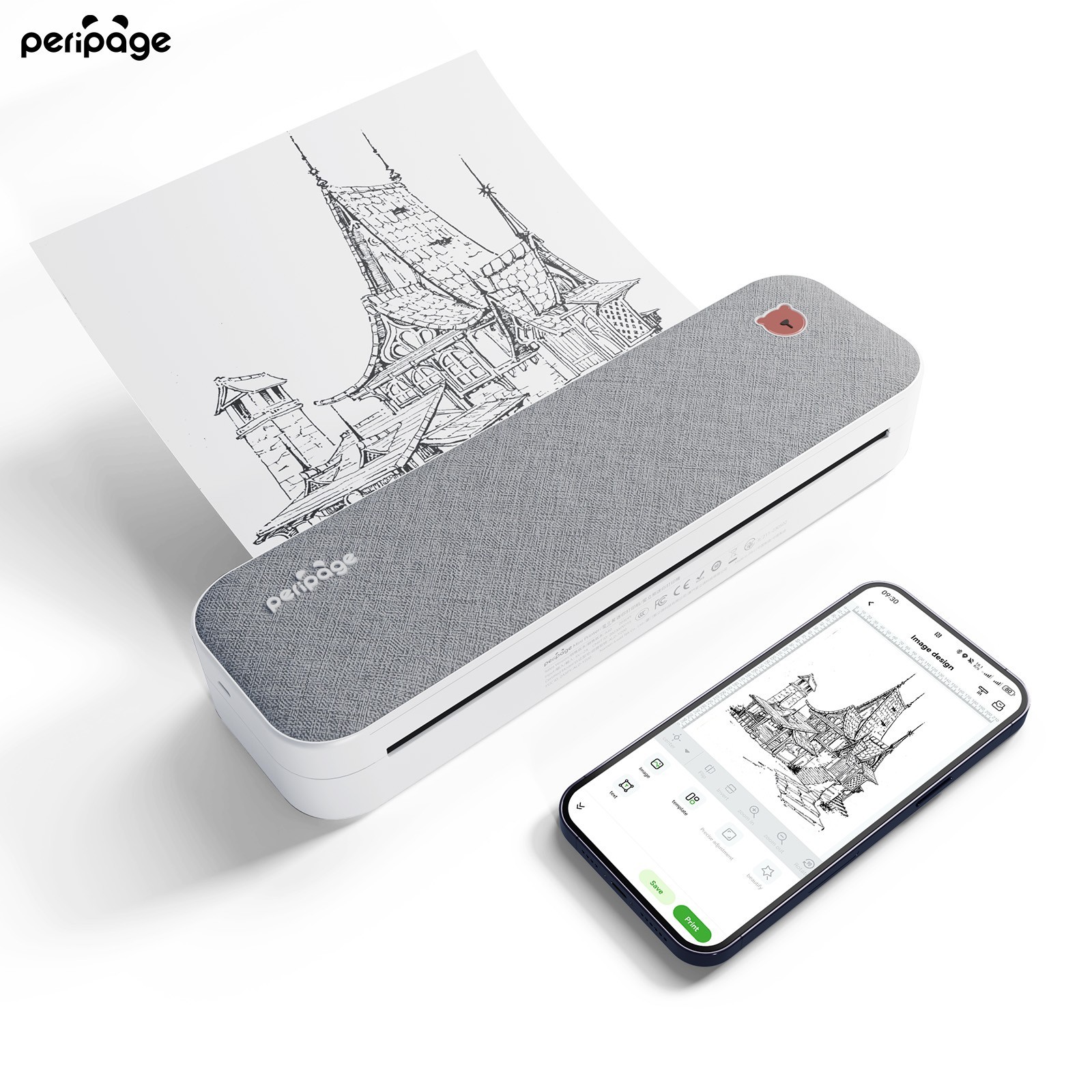 Portable Thermal Wireless Printer Inkless A4 203DPI White with 1 Roll Paper