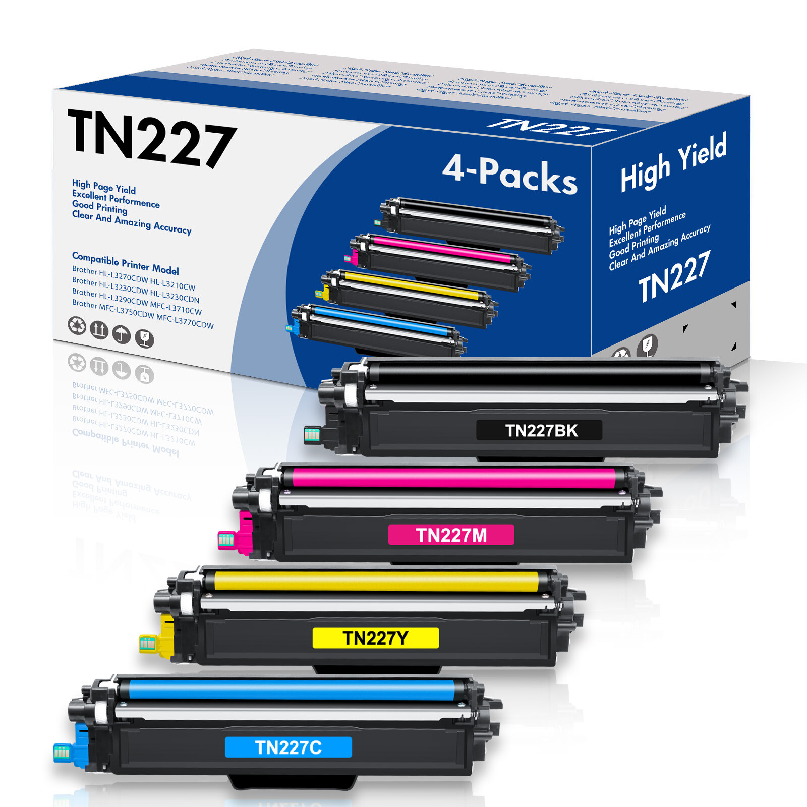 4 Pack TN227 Toner Cartridge TN 227 Compatible With Brother TN223 (BK/C/M/Y)