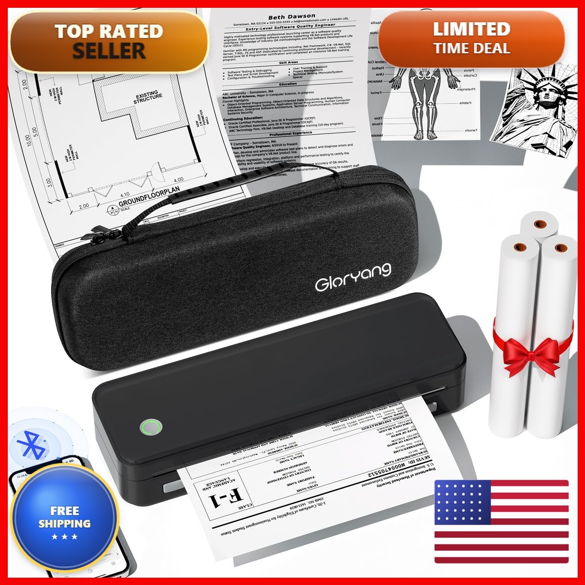 Gloryang Inkless Portable Printer Travel Wireless Thermal Printer Supports 8.5