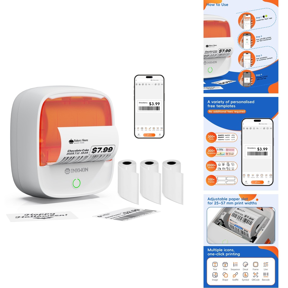 InkWon B21 2-Inch Bluetooth Label Maker Thermal Printer with 3 Tapes