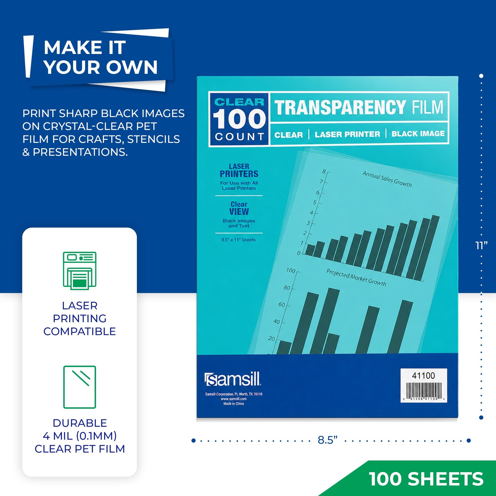 100 PCS 8.5×11 Inch Clear Transparency Film Laser Printers 4 Mil PET
