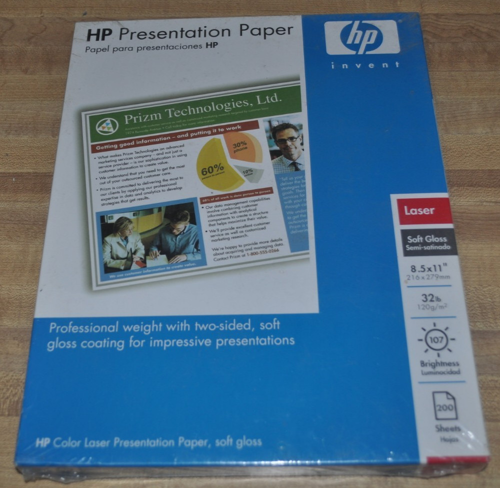 HP Soft Gloss Presentation Laser Paper 8.5 x 11″ 200 Sheets 32 lb -107 Bright