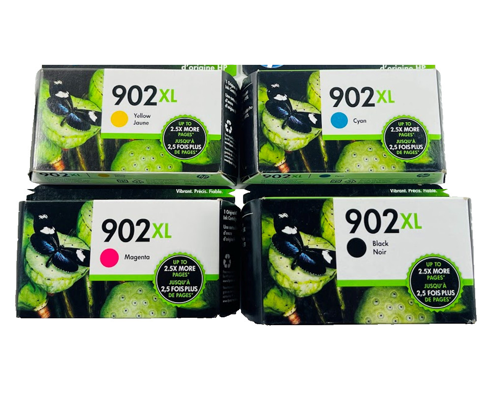 GENUINE 4-PACK HP 902XL BLACK & COLOR INK OFFICEJET 6974 6975 NEW 8/2026+