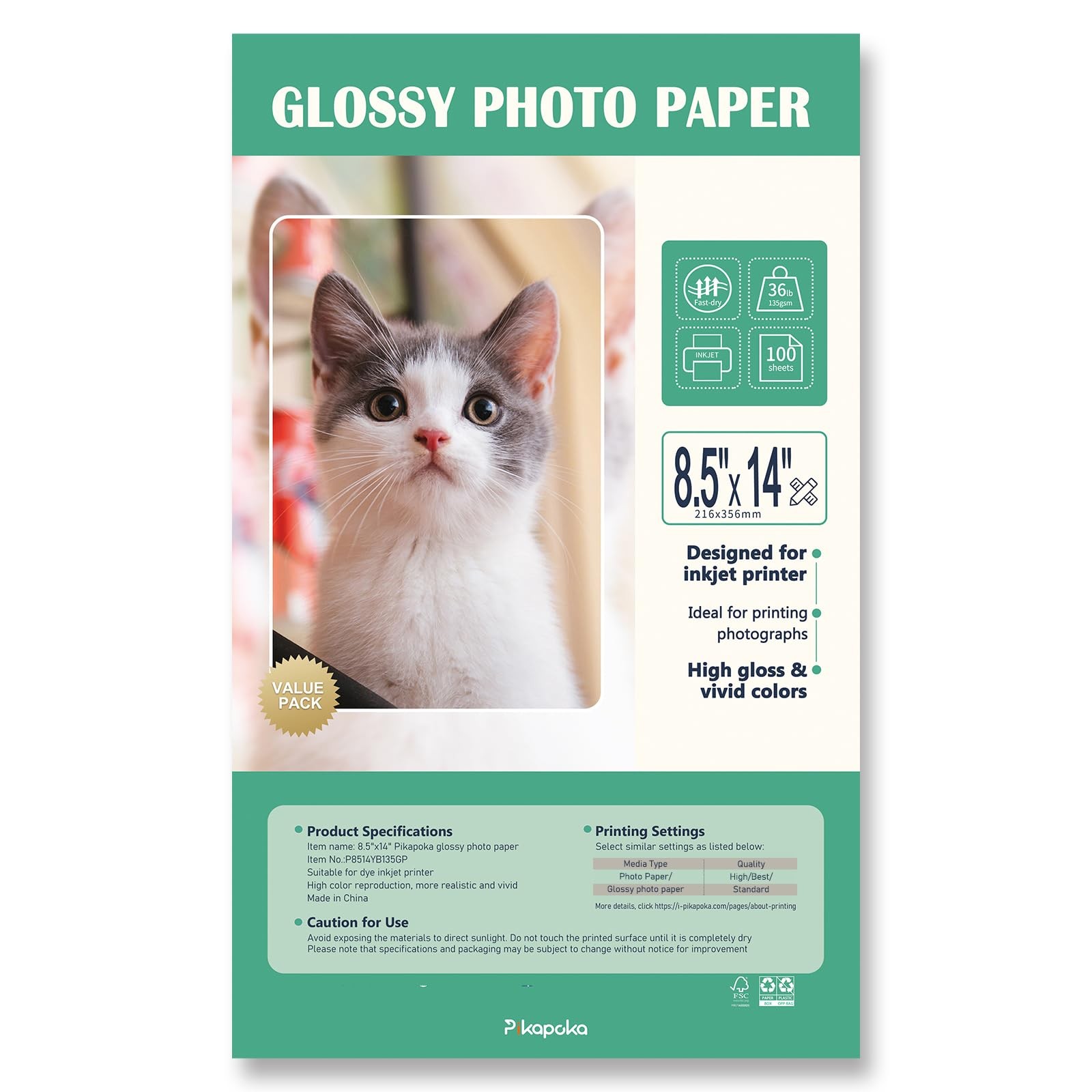 100 PCS Glossy Photo Paper Inkjet Printer 36LB Thin Legal Size 8.5×14 Inch