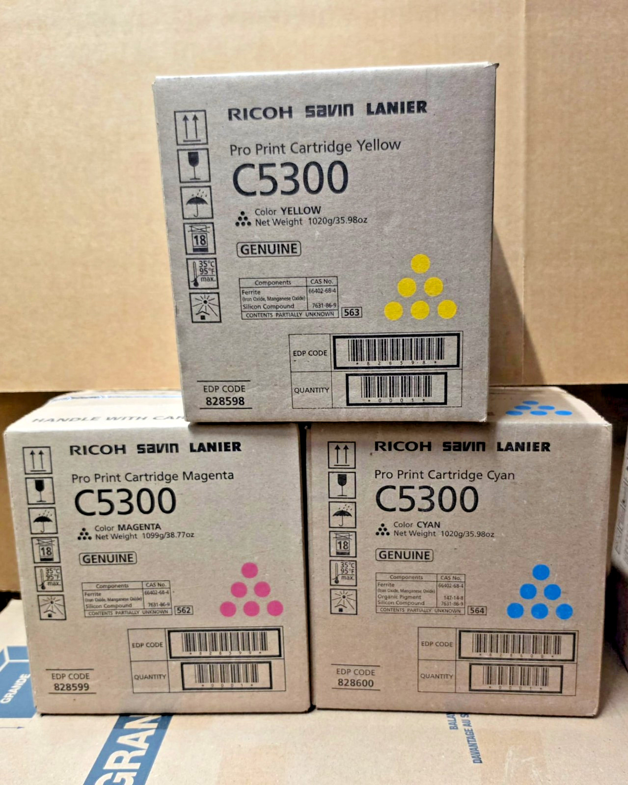 Ricoh Pro C5300s Cyan Magenta Yellow Toners Genuine OEM 828598 828599 828600