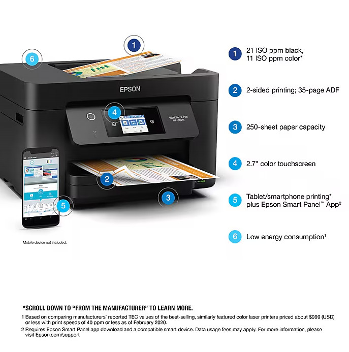 Epson WorkForce Pro WF-3820 Wireless Color Inkjet Printer, All-In-One Print Scan