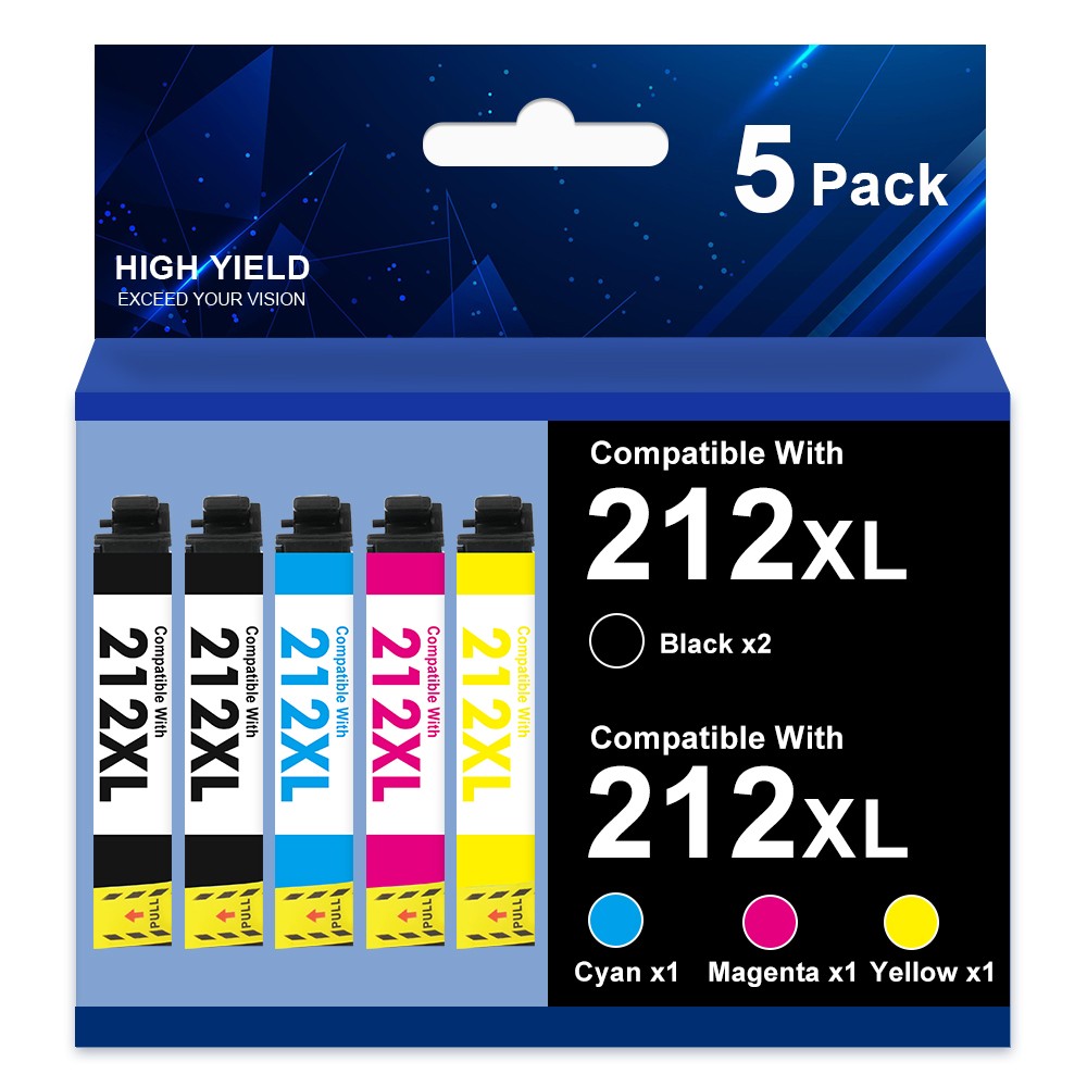 5 Pack 212XL Ink replacement for Epson Workforce XP-4105 XP-4100 WF-2830 WF-2850