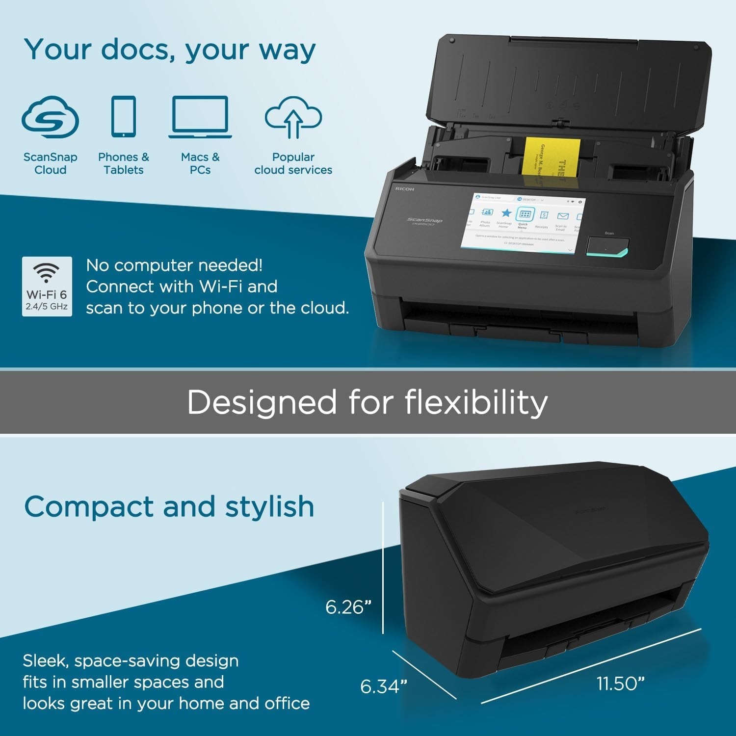 iX2500 Wireless or USB High-Speed Cloud Enabled Document, Photo & Receipt Scanne