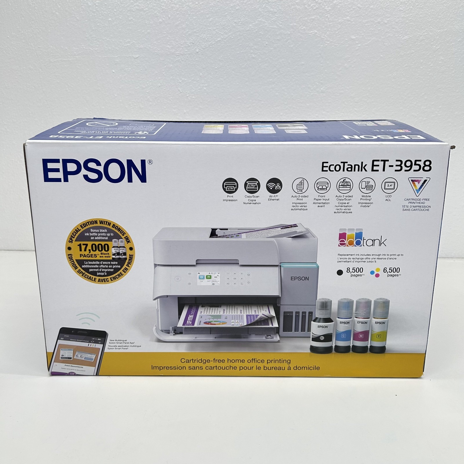 Epson EcoTank ET-3958 Wireless All-in-One Color Supertank Printer – NEW**