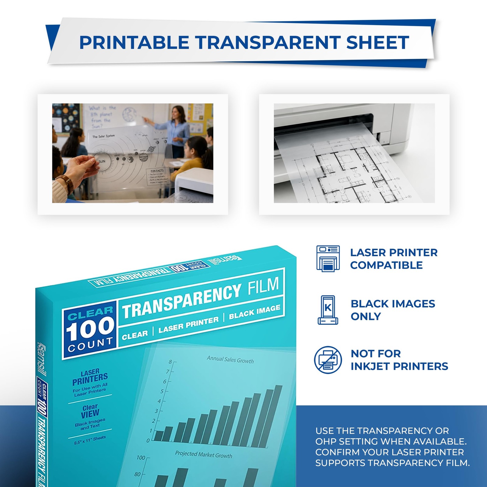100 PCS 8.5×11 Inch Clear Transparency Film Laser Printers 4 Mil PET