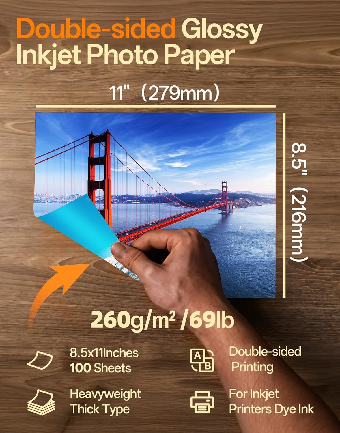 Glossy Photo Paper 260gsm – 8.5×11 Double-Sided Inkjet (100 Sheets)