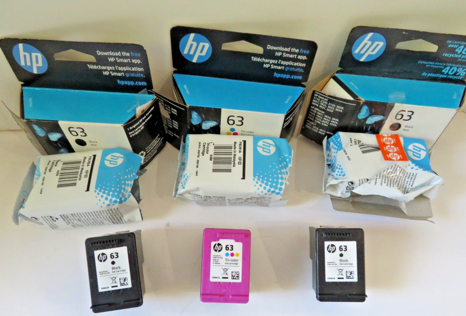 EMPTY HP 63 Combo Ink Cartridges Two HP 63 Black One HP 63 Color