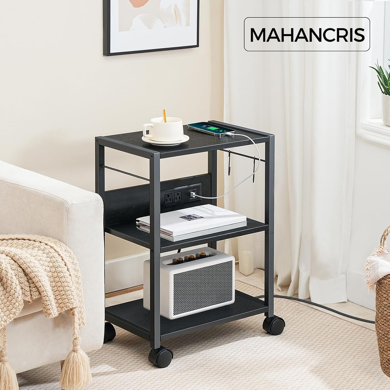 Black Rolling Printer Stand with 3-Tier Shelves & USB Ports for Modern Offices