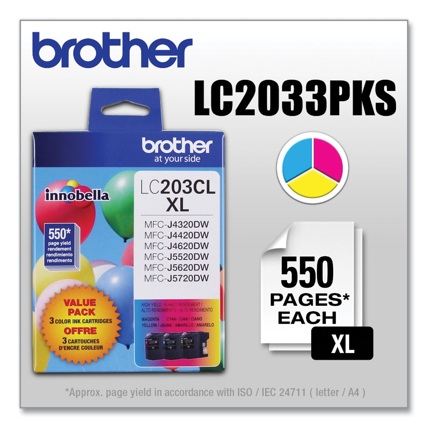 Brother LC203 Cyan; Magenta; Yellow High-Yield Ink Cartridges, Pack Of 3