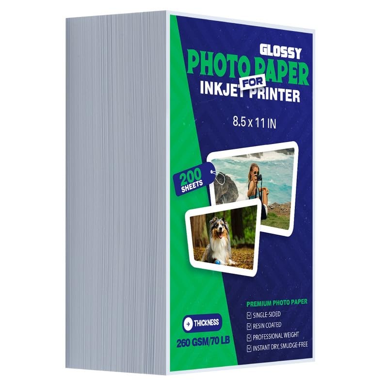 Glossy Photo Paper 8.5×11 Inch 70LB 260GSM 200 PCS Single Sided Inkjet Dry