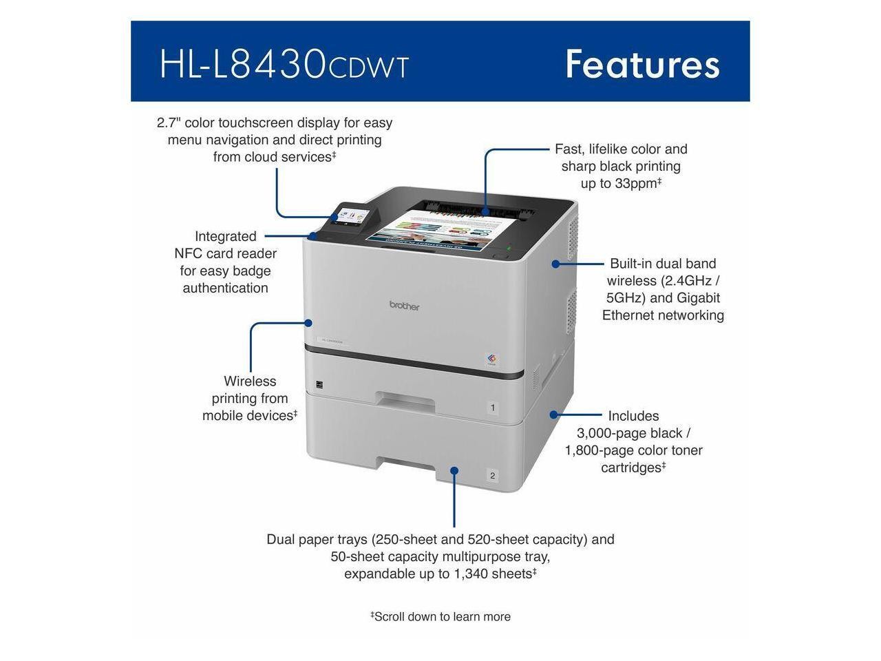 Brother HL-L8430CDWT Business Color Laser Printer – Dual Paper Trays, Low-Cost P