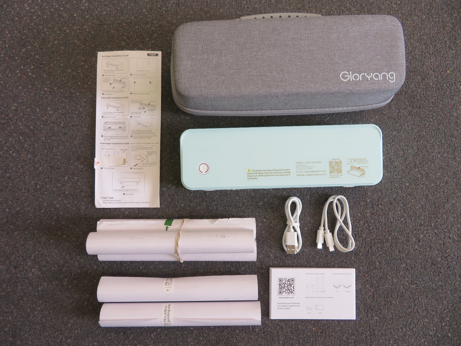 Jadens Gloryang PD-A4 Blue Wireless Portable Thermal Printer w/5 Rolls Paper