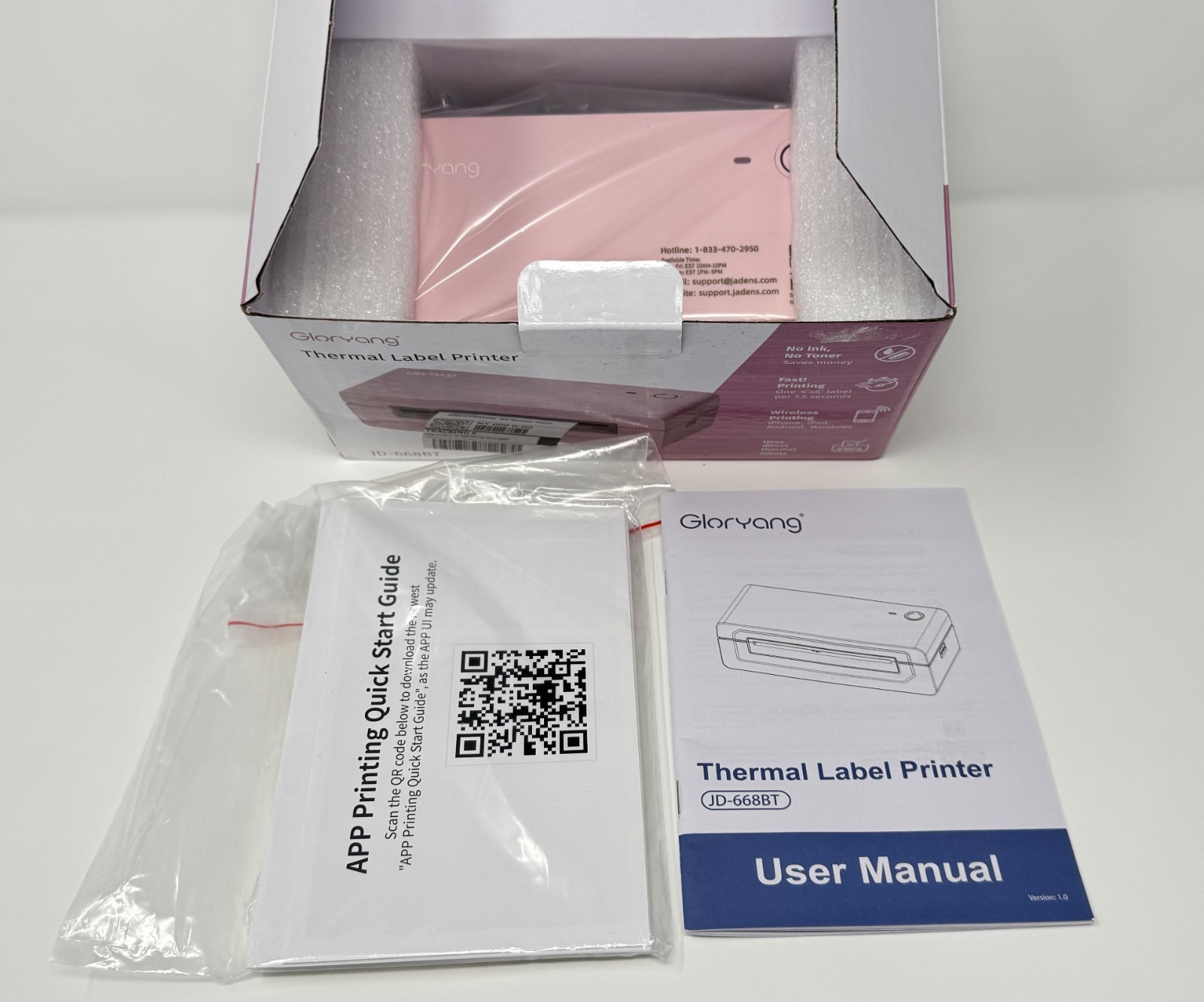 NEW OPEN BOX GLORYANG JD-668BT THERMAL LABEL PRINTER PINK BLUETOOTH WIRELESS 4X6