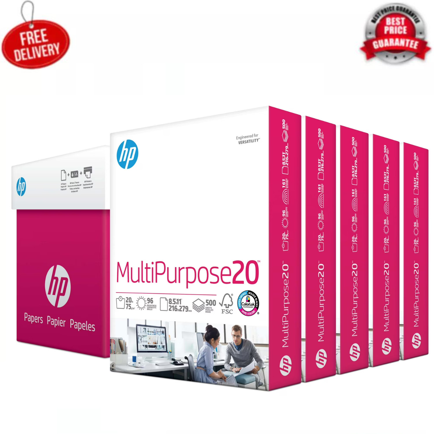 HP Printer Paper 8.5×11 Multipurpose 20lb 96 Bright 2500 Sheets 5 Ream Case