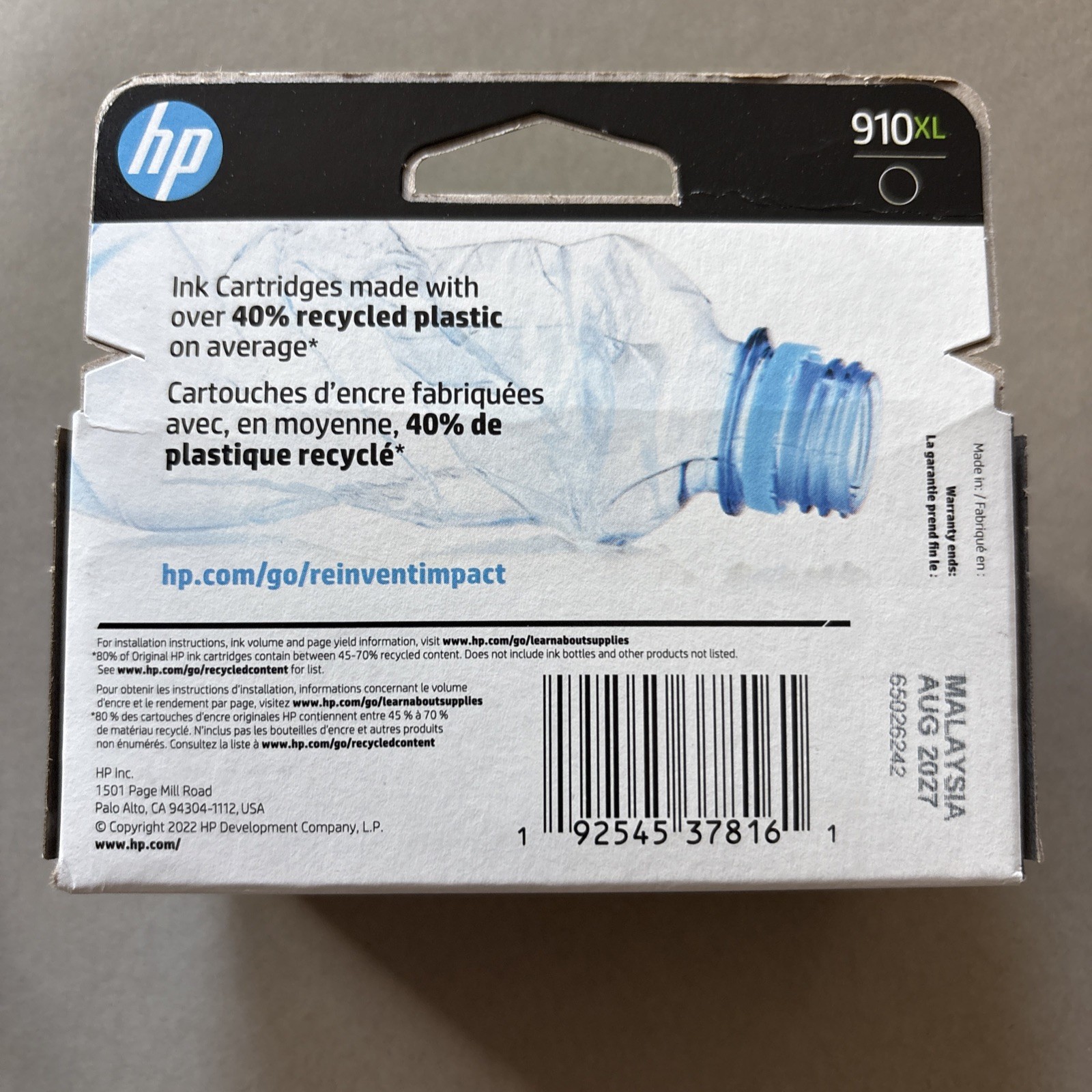 HP 910XL Black High-Yield 3YL65AN Sealed Exp 08/2027 New In Box