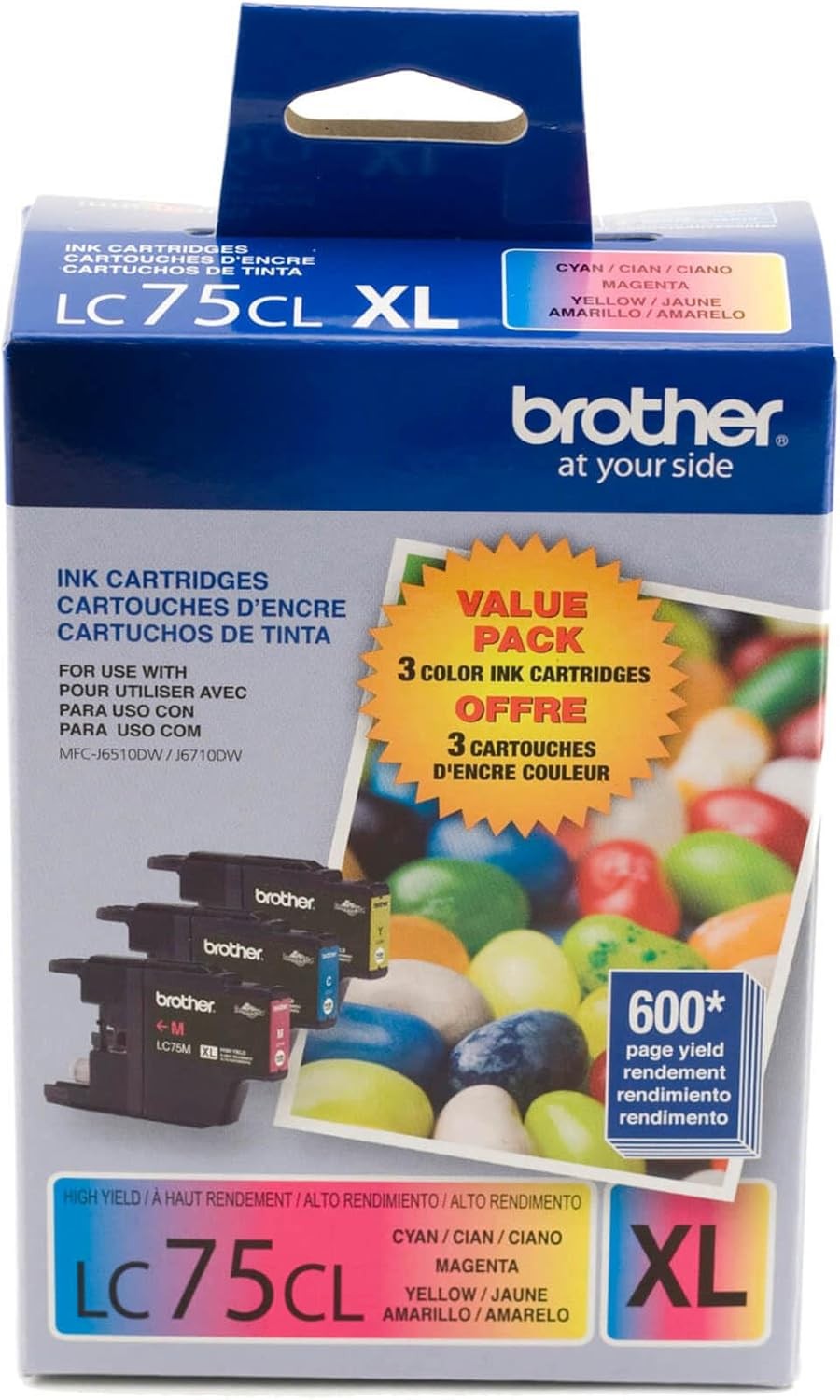 Brother LC753PKS XL High Yield 3 Pack – 1 Each LC75C, LC75M, LC75Y Ink, Y/C/M