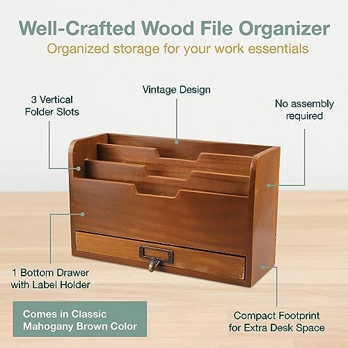 Rustic Wooden Desk Organizer – Vertical File Sorter with 3 Compartments & 1
