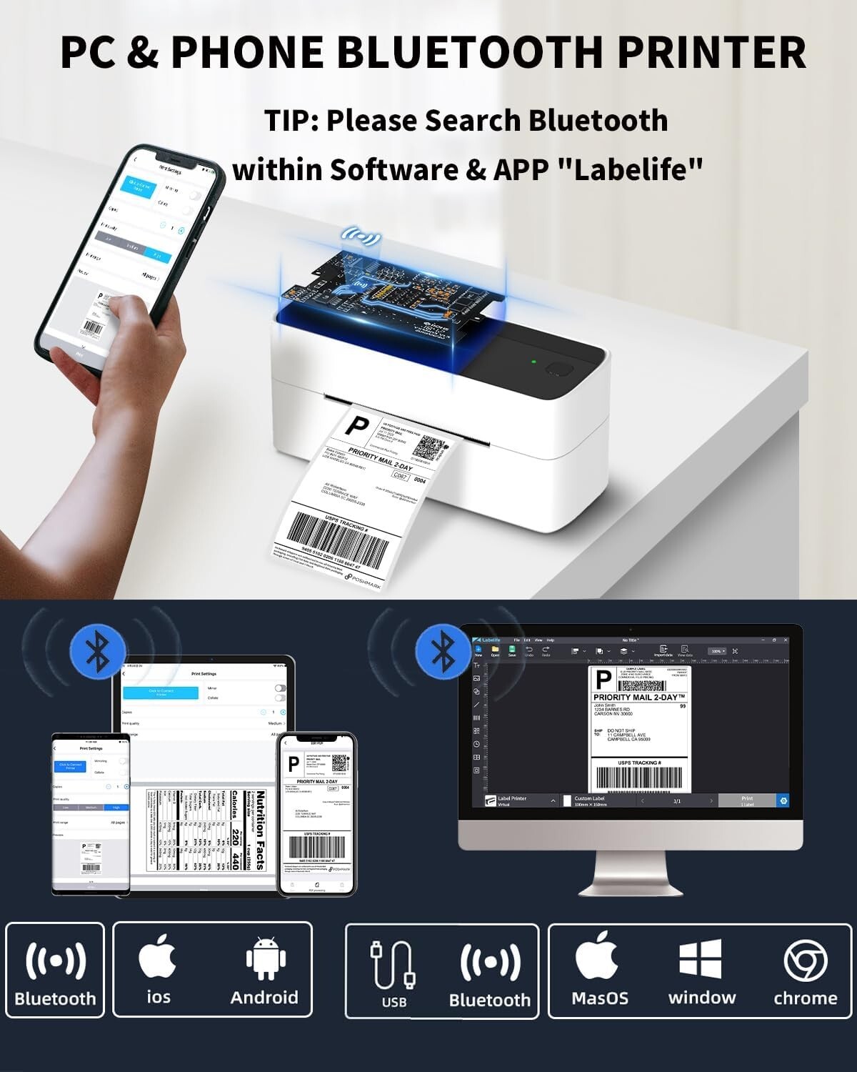 Bluetooth Shipping Label Printer or 4×6 Thermal Paper for Small Business Lot