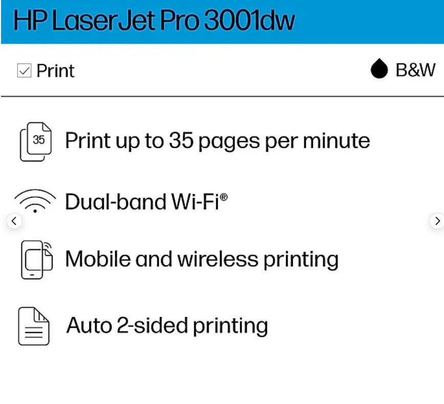 HP LaserJet Pro 3001dw Wireless Monochrome Laser Printer 3G650F Duplex Double Sl