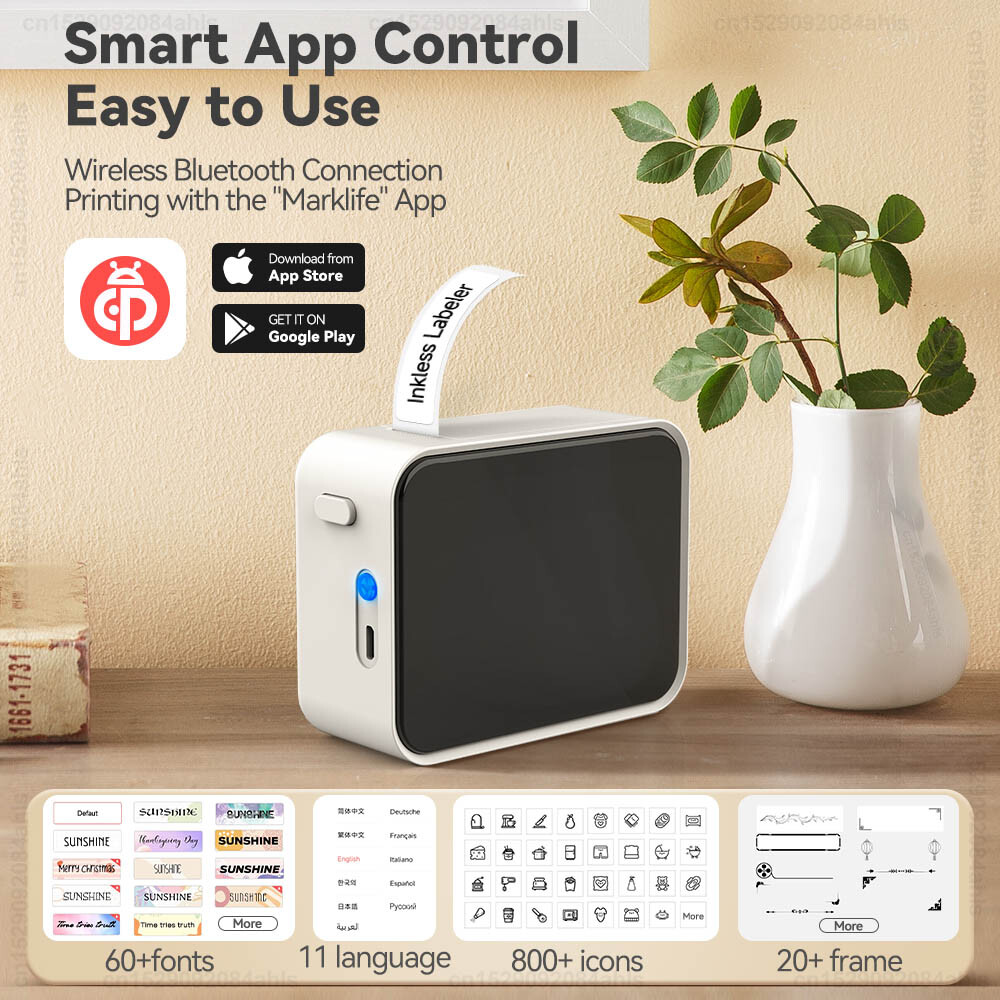 Mini Label Printer Bluetooth Thermal Label Maker Machine, 12-15mm Width Tapes