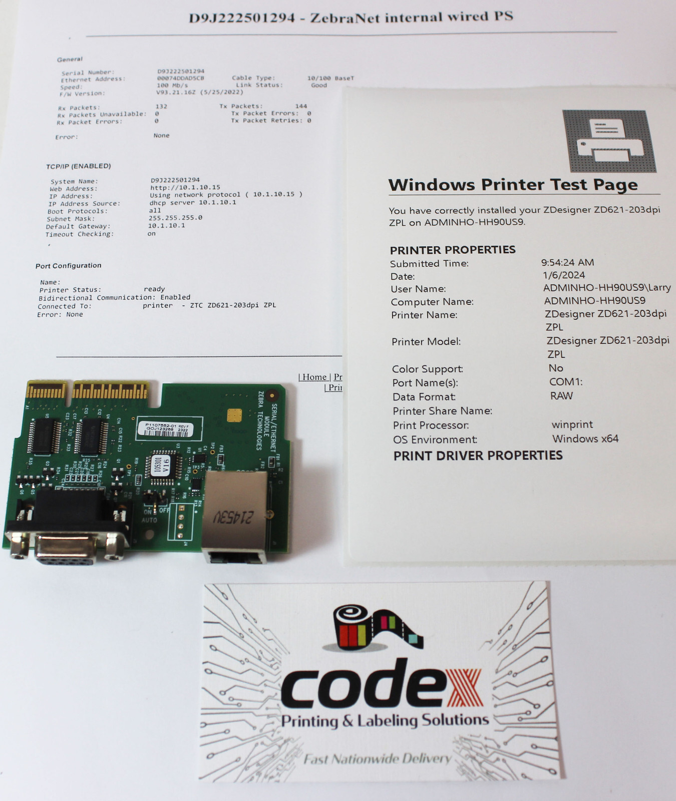 Zebra P1112640-048 ZD621 Original OEM Ethernet & Serial Combined Module