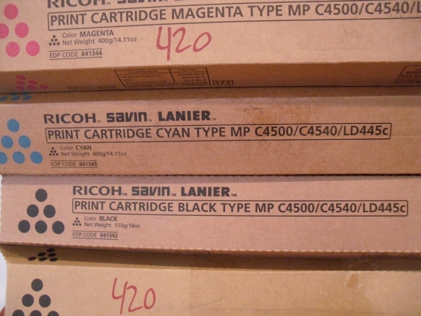 Genuine Ricoh C4500/C4540/LD445c 2B, C ,M, Y, Full Toner Set WITH EXTRA BLACK