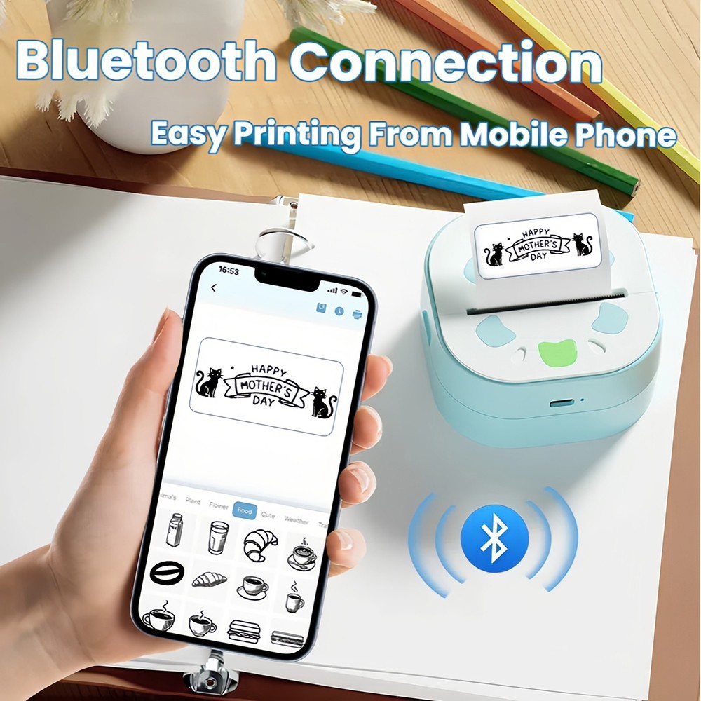 Home Mini Label Sticker Printer Thermal Ink Bluetooth Free APP DIY Printing