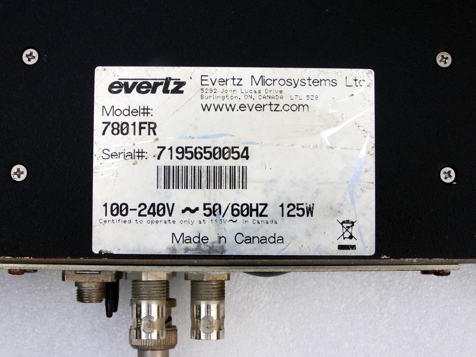 EVERTZ MICROSYSTEMS LTD. MODEL 7801FR MULTIFRAME 100-240VAC 125W – CANADA