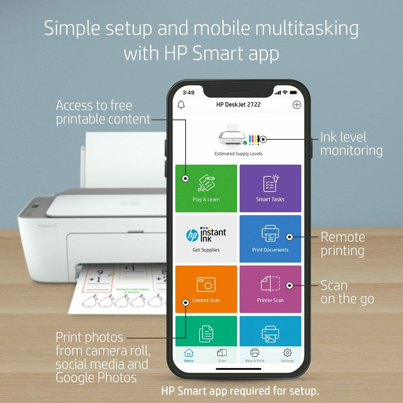New HP 2742e/2742 All In One Wireless Printer-Copy-Scan+Free SetupINK-Green/Blue