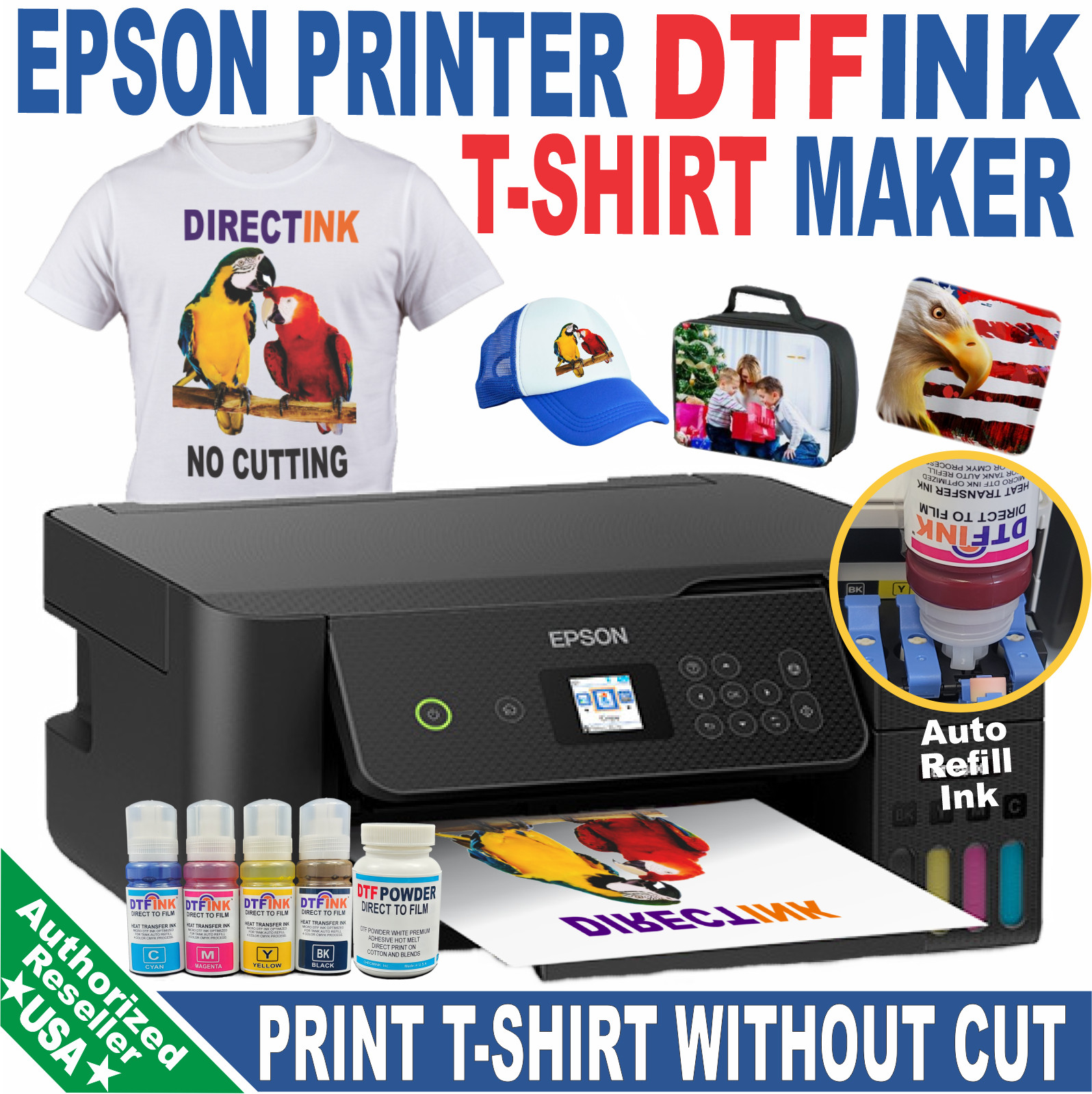 Epson Printer with DTF ink for Heat Printing Transfer T-Shirt Maker Bundle Kit