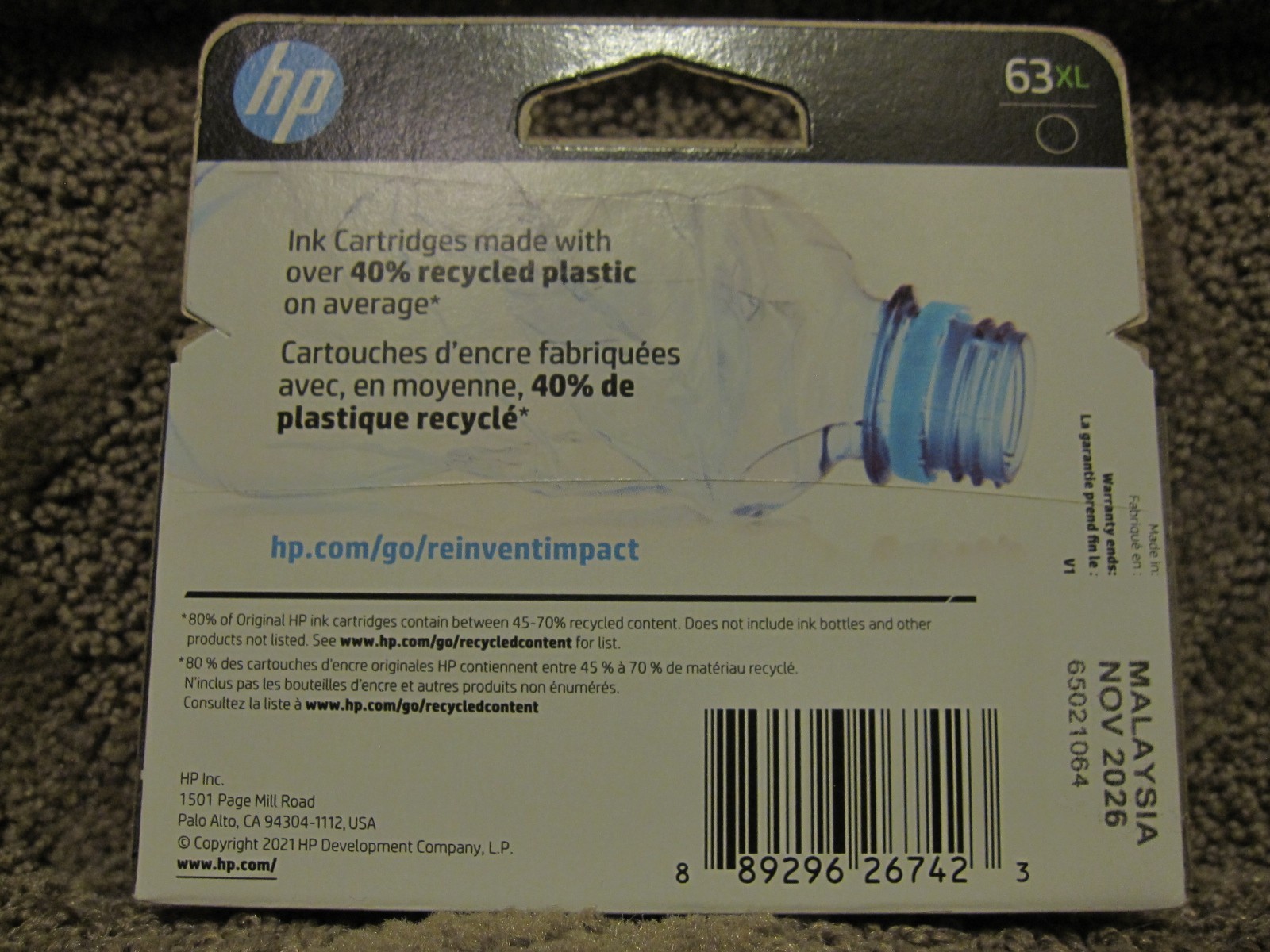 HP F6U64AN Black Ink Cartridge Genuine OEM # 63XL 63 NOV/2026