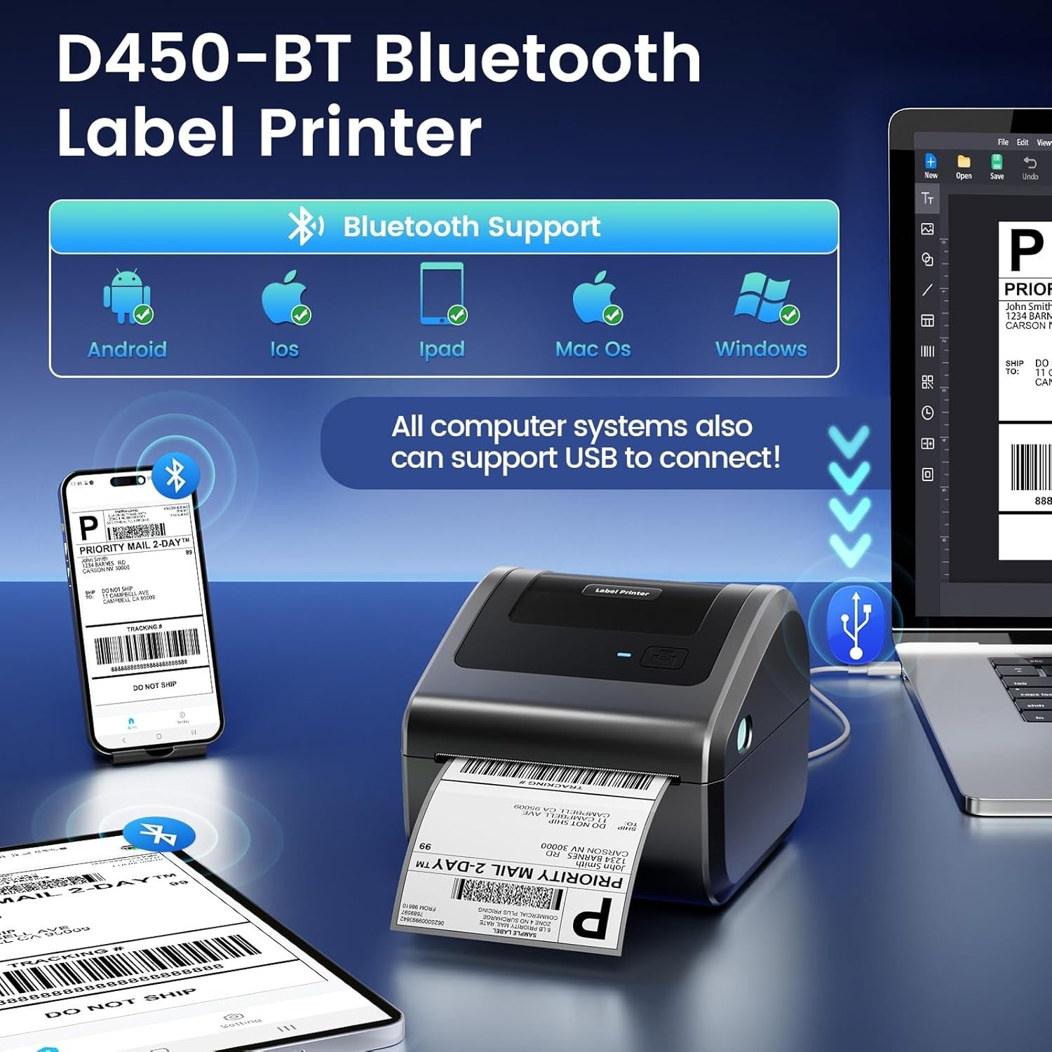 Thermal Label Printer Bluetooth 4×6 Printer for Shipping Label USPS FedEx UPS