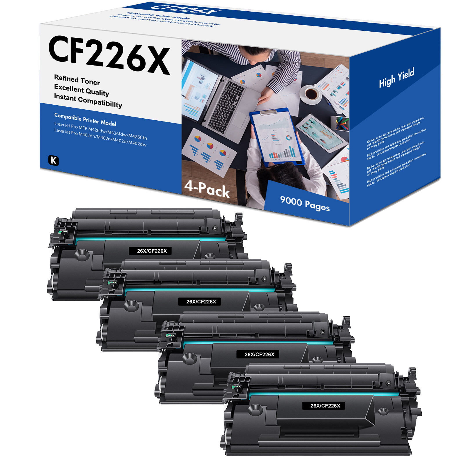 4 PACK Compatible With HP CF226XC CF226X (26X) High Yield Black Toner Cartridge