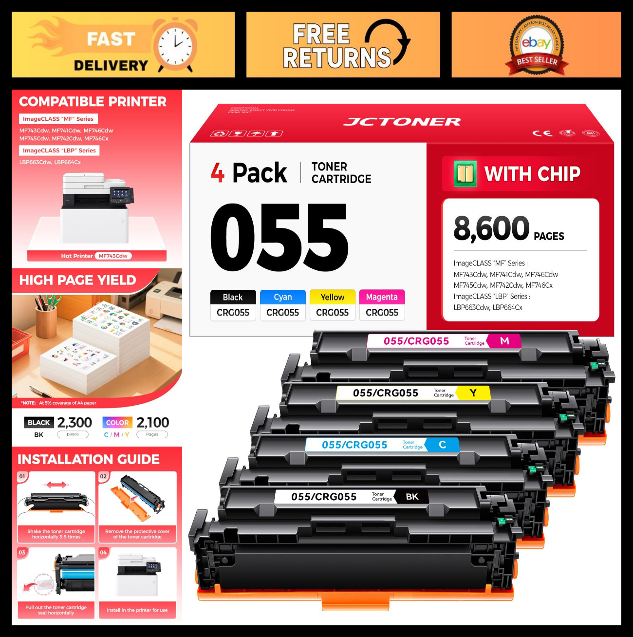 Toner Cartridge Set 4-Pack Compatible for Canon 055H – Black, Cyan, Yellow, Mage