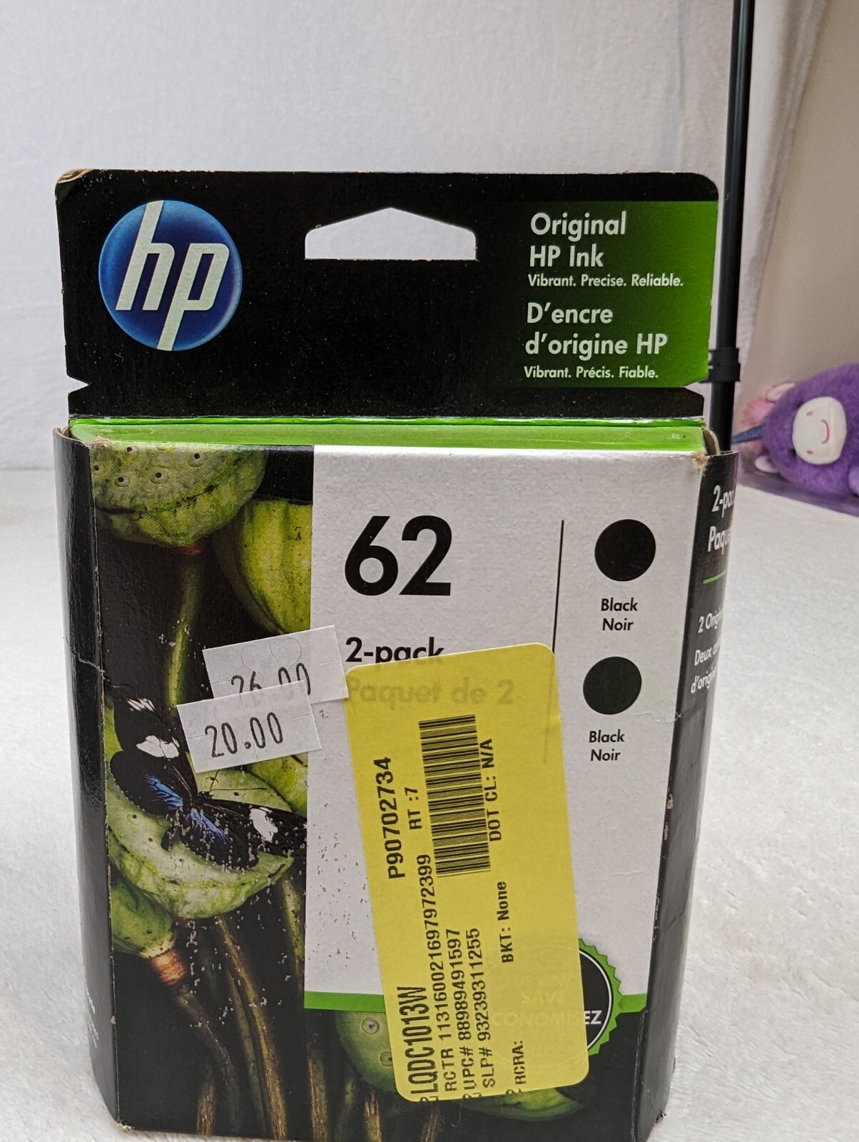 NIB Sealed GENUINE HP 62 Black Twin Pack Ink Cartridges Exp July 2022