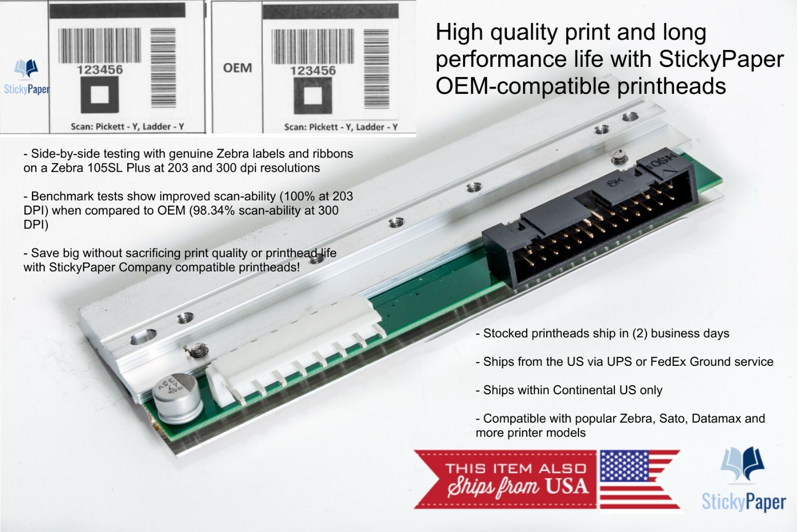 Zebra 105SL Plus 203 dpi Printhead (P1053360-018) USA Stocked & Shipped!