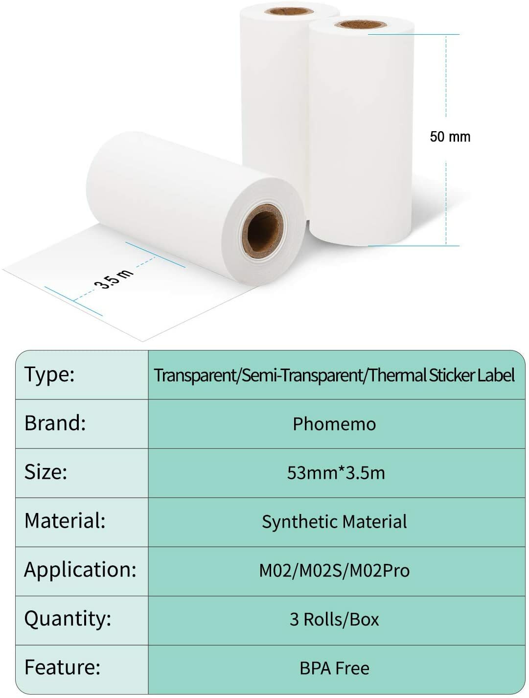 3Roll Phomemo Adhesive Thermal Sticker Paper for Thermal Sticker Printer M02/T02