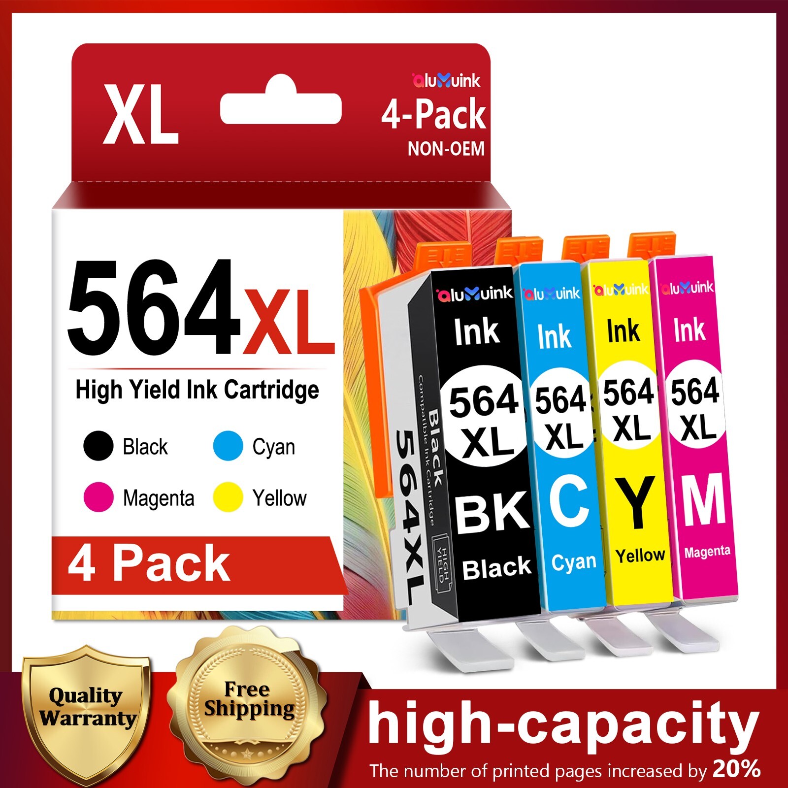 564XL High Yield Ink (4PK) Replacement for HP Photosmart 7520 6520 DeskJet 3520
