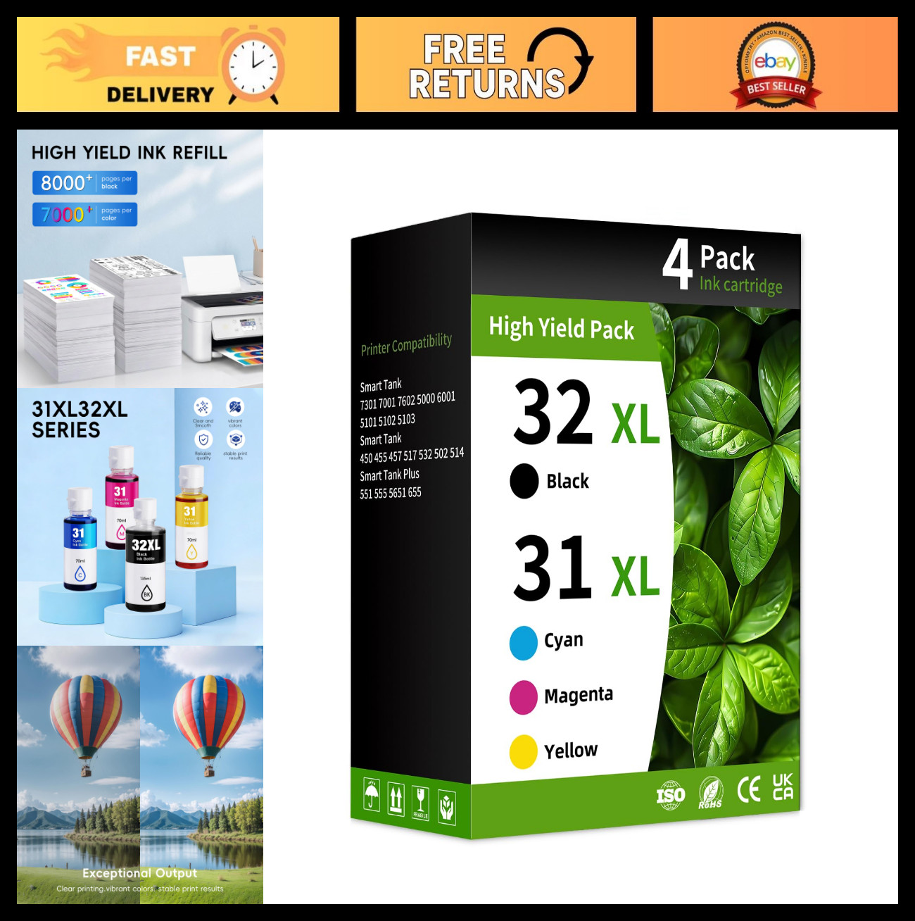 31 32XL Refill Ink Bottle Set Compatible for Smart Tank Printers – Black, Cyan,