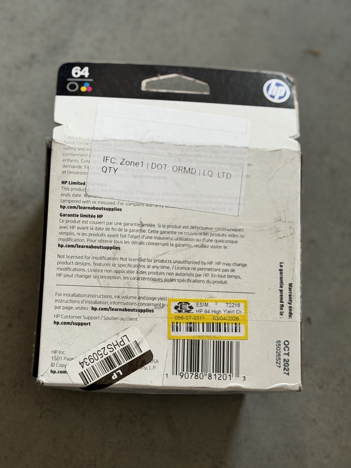 Genuine HP 64 Black & Tri-Color Ink Cartridge 2-Pack NEW Damaged Box OEM
