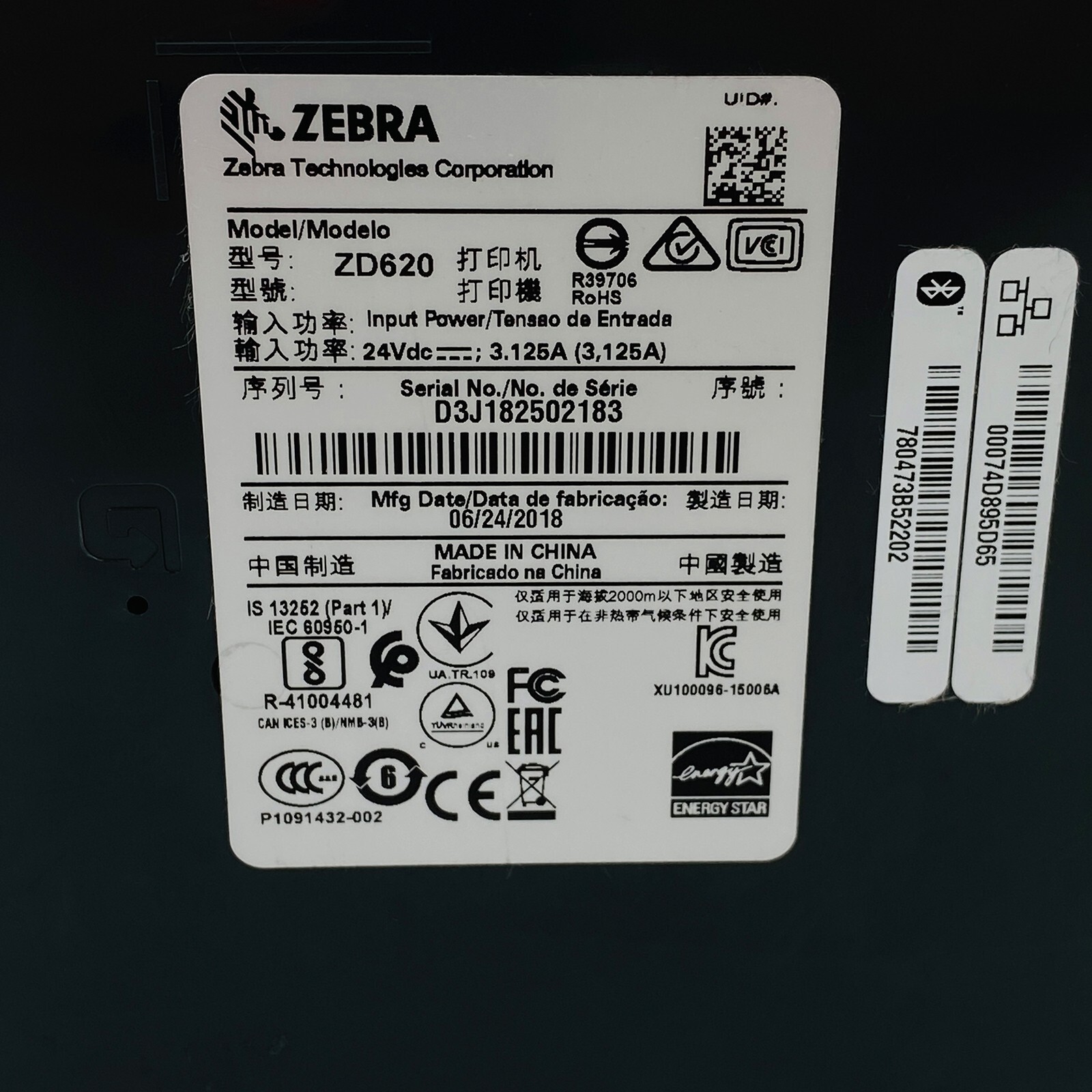 Zebra ZD620 Direct Thermal Label Printer LCD Ethernet USB Bluetooth No Adapter
